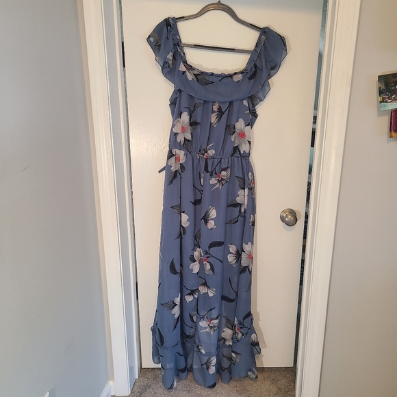 Hint of Blush Long Maxi Flutter Dress Size Large Magnolia Floral Blue High Low - Picture 2 of 16